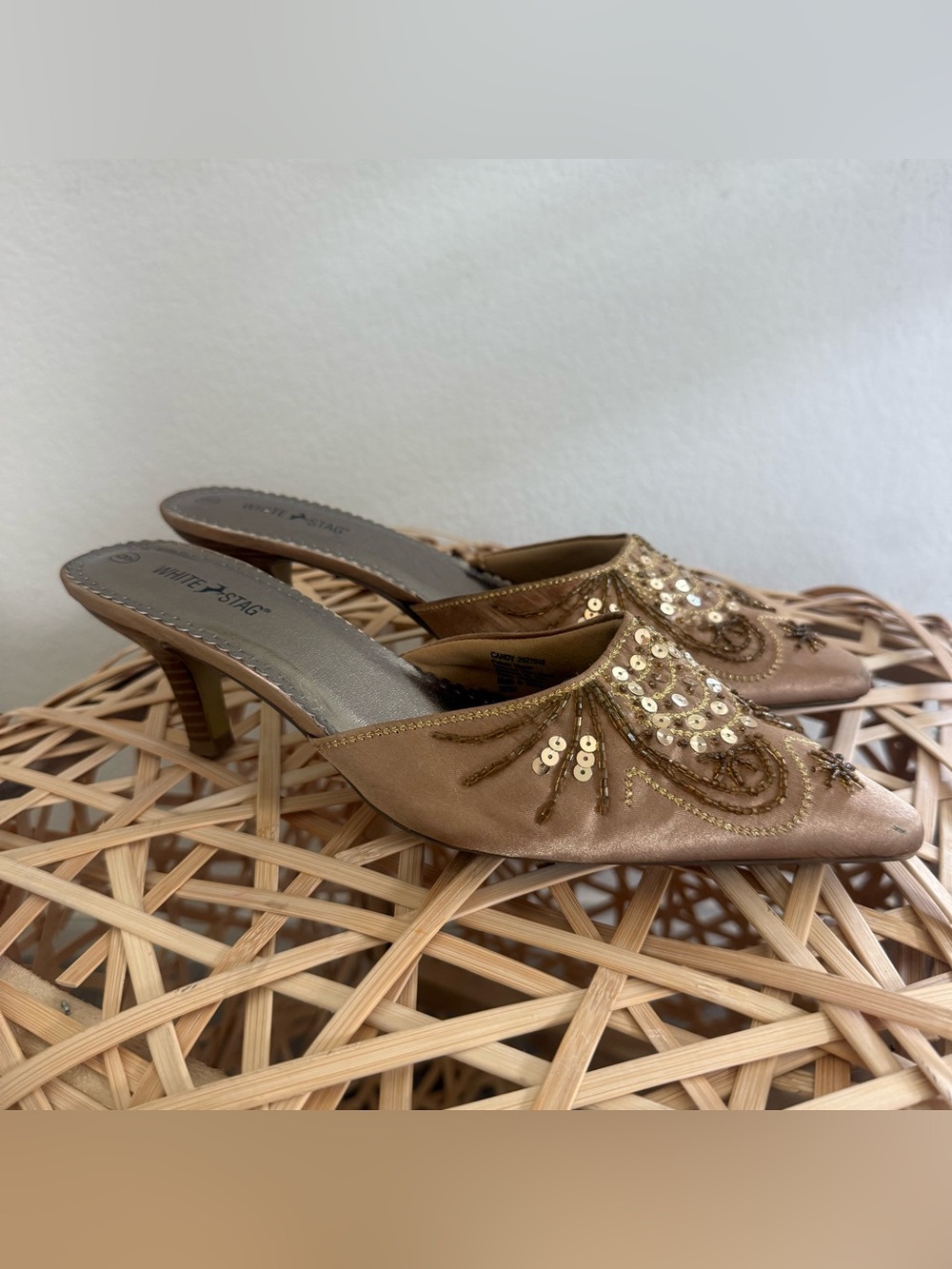 Y2K 90s boho glam brown satin gold sequins beaded pointed toe kitten heel mules